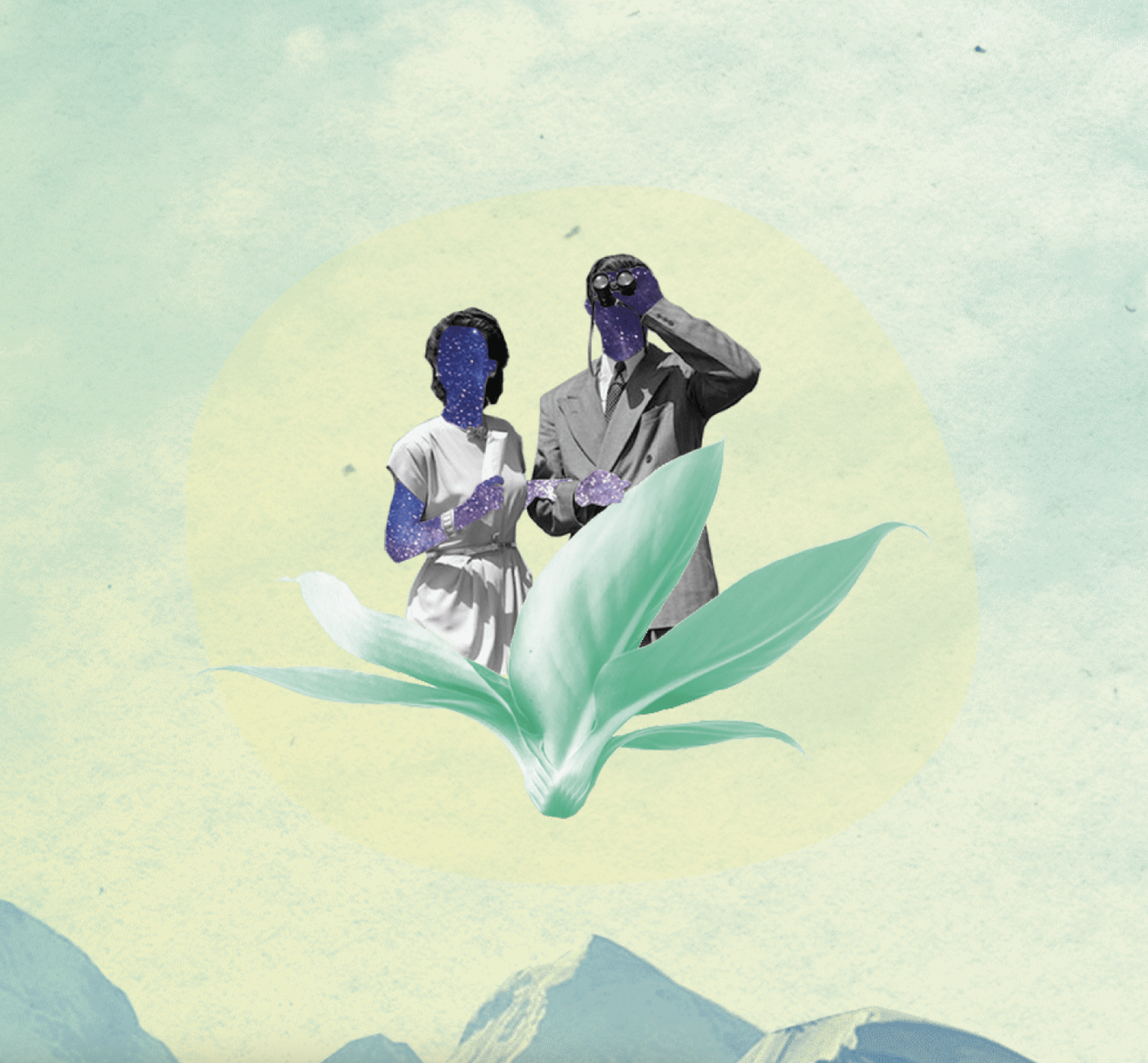 Illustrazione surrealista per Riverrun: una coppia in abiti vintage con volti stellati emerge da una pianta, simbolo di crescita e visione, su sfondo astratto che richiama l’universo e la natura, evocando l’impatto trasformativo della comunicazione nel mondo no-profit.