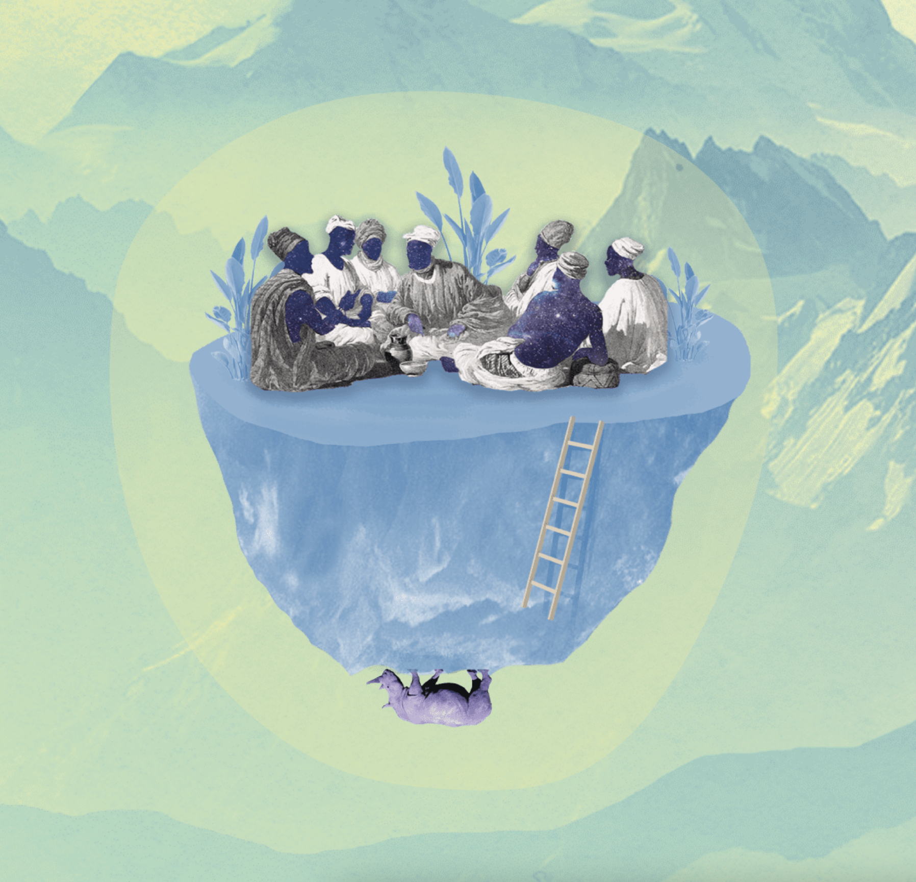 Illustrazione onirica ispirata a Nonturismo: un gruppo di persone con volti stellati seduto in cerchio su un'isola fluttuante tra le montagne, simbolo di comunità, condivisione e narrazione collettiva nei territori marginali.